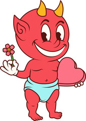 Flat design red baby devil is holding pink heart and smiling flower on transparent background