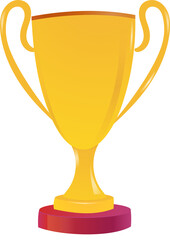 Golden trophy cup is sitting in flat style with curved handles, magenta base transparent background