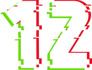 Showing glitching digits 1 and 2 floating on flat transparent background with red green outlines