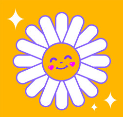 Smiling flat design daisy is shining on transparent background with heart cheeks and star sparkles