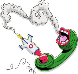Rocket is crashing red phone button, lips blowing smoke in surreal design on transparent background