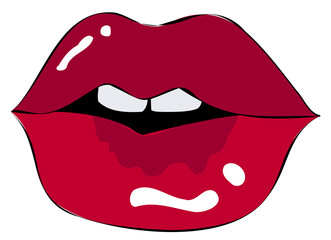 Vector red lips icon is gleaming in pop art sticker with glossy highlights, transparent background