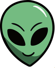 Flat design green alien head showing bold outline, glossy highlight, smile, transparent background