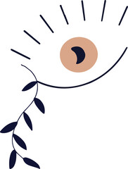 Floating minimalist eye on transparent backdrop radiating lines beige iris navy pupil, curling vine