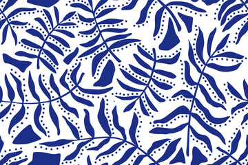 Hand drawn leaves and branches, circles and random geometric shapes, seamless pattern. Tropical abstract plants, botanical background. Summer design pattern. blue ink on white background
