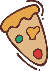 Pizza slice is moving in flat style with pepperoni, green pepper, heart cheese, transparent bg