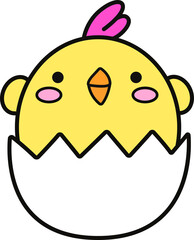 Cartoon baby chick is emerging from cracked white eggshell in flat design, transparent background