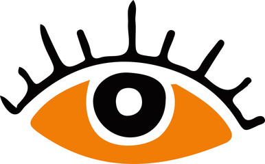 Flat design eye is showing orange fill, gray ring, black pupil and lashes on transparent background