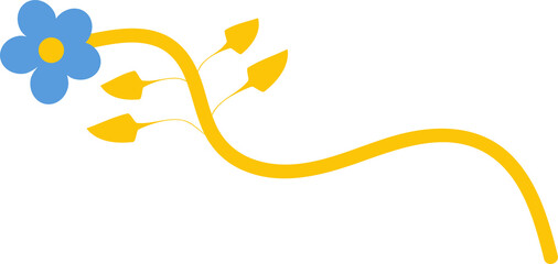 Flat design floral art is flowing on transparent background with blue flower and yellow vine leaves