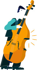 Male musician is playing orange-yellow double bass in flat design, transparent background