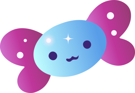 Cartoon-style candy is floating on transparent background, showing gradient wrappers and sparkle