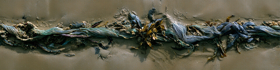 Tangled fishing line and seaweed washed up on wet sand