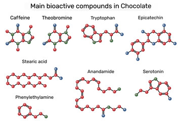 Main bioactive compounds in chocolate: caffeine, theobromine, tryptophan, serotonin, epicatechin, stearic acid, phenylethylamine, anandamide