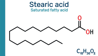 Stearic acid molecule. Saturated fatty acid found in food and cosmetics