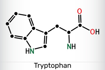 Tryptophan, Trp or W molecule chemical structure. Essential amino acid and serotonin precursor