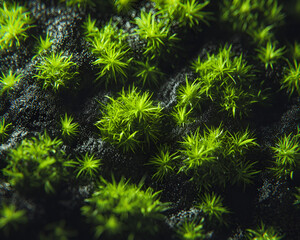Fluorescent green moss on synthetic surface with biopunk aesthetic