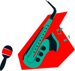 Showing flat teal saxophone on red shape black-red maraca floating notes on transparent background
