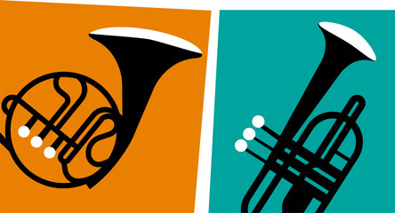 Flat vector graphic is showing French horn and trumpet in orange teal panels on transparent base