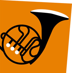 Minimal vector is showing French horn with three valve keys atop orange shape on transparent field