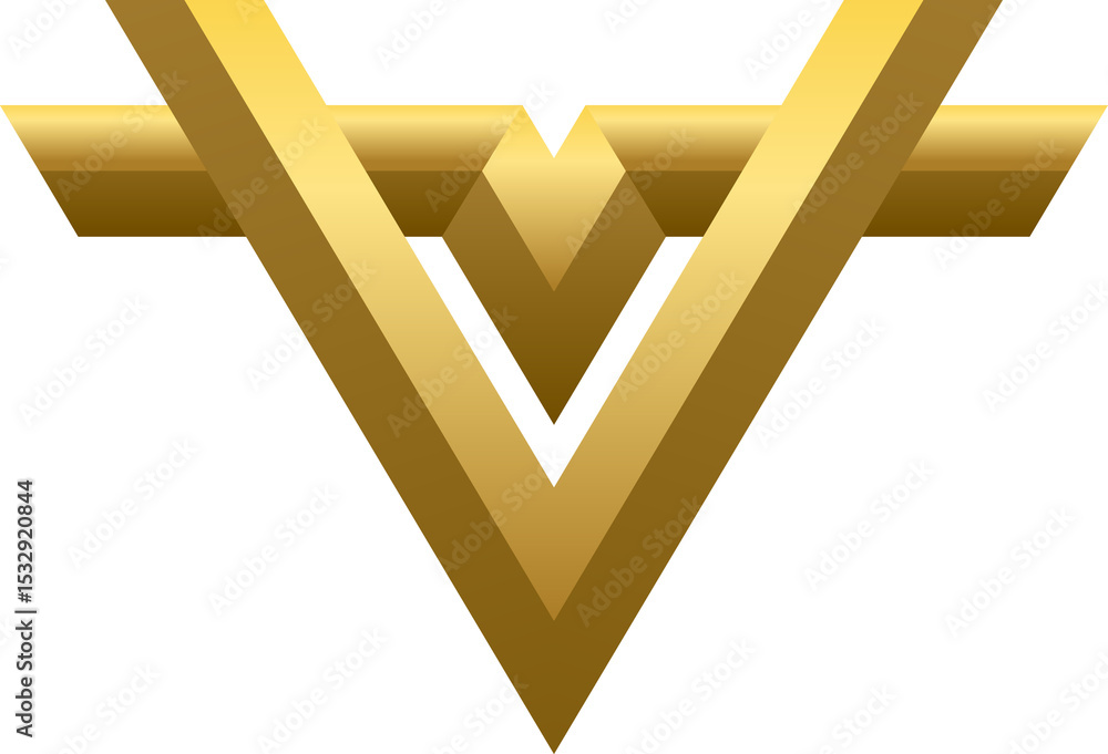 Poster 3d stylized golden v floating on transparent backdrop, showing metallic gradient and beveled edges