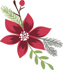 Displaying flat-design red bloom, white stamen, pine sprig and berry twig on transparent background