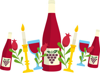 Flat design is showing red wine bottles, glasses, candles and pomegranate on transparent backdrop