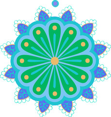 Displaying mandala with scalloped rings and teardrop petals and gold dots on transparent background