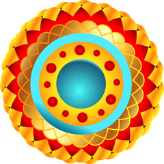 Flat design mandala is featuring concentric petals, lattice and spots on transparent background