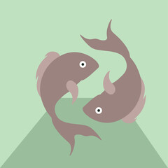 Muted mauve fish are circling head-to-tail on green platform in flat vector, transparent background