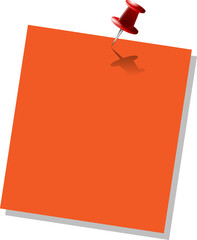 Orange note card is rotating, casting shadow on transparent background, pinned by red push pin
