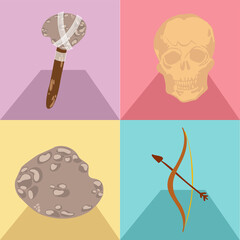 Prehistoric tools and relics are being shown in pastel panels with triangle pedestals on clear base