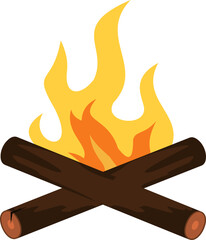 Showing flat design campfire icon with crossed logs, yellow orange flames on transparent background