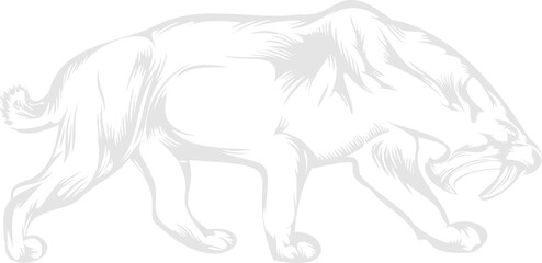 Sabertooth cat is walking in brushstroke art with textured strokes on transparent background