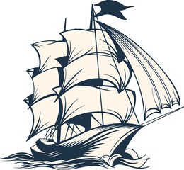 Tall sailing ship is cutting through waves with hull, sails in black vector transparent background