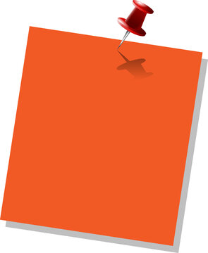 Orange note card is rotating, casting shadow on transparent background, pinned by red push pin
