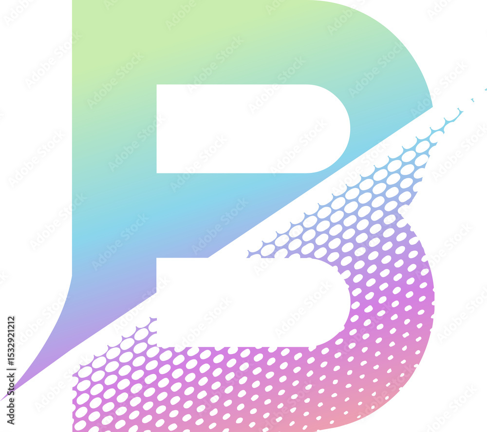 Poster stylized two-part flat letter b is being shown on transparent bg with smooth and halftone gradients