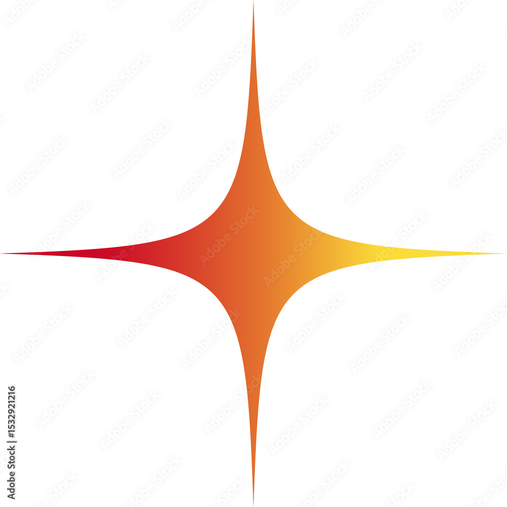 Poster four-pointed starburst glowing with red to yellow gradient in flat design on transparent background