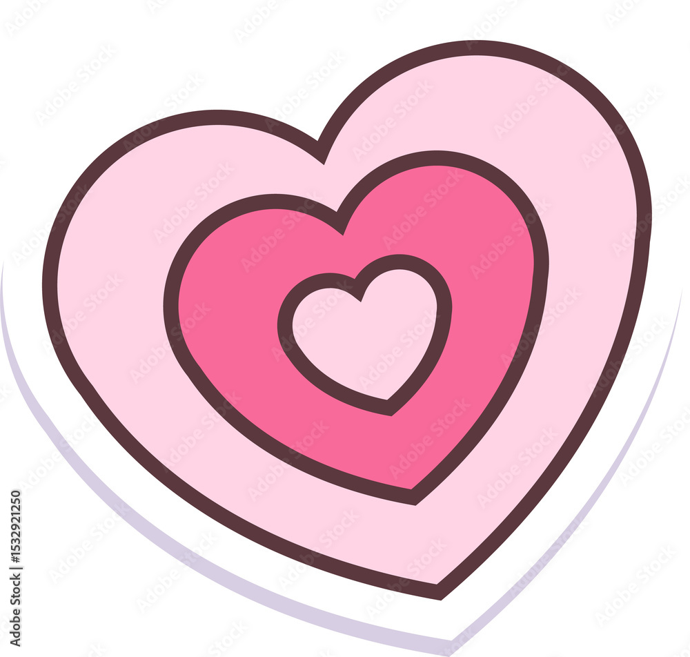 Poster showing nested hearts in flat art with transparent background dark brown outlines and violet shadow