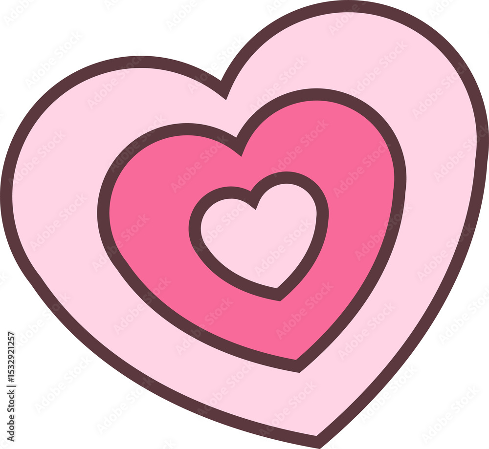 Poster displaying flat vector of three nested pink-hued hearts with brown outlines on transparent backdrop