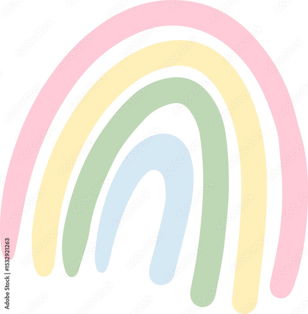 Poster showing flat design rainbow with four uneven arches in pastel tones on transparent background