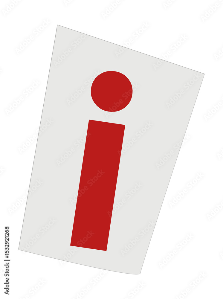 Poster flat design red lowercase i is showing on white angled panel on transparent background, copy space