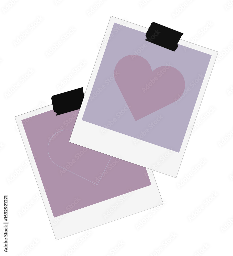 Poster two overlapping polaroid frames are showing heart icons in flat style with transparent background