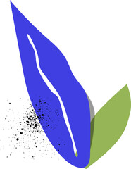 Flat design showing blue ribbon rising and green leaf with ink splatter on transparent background