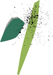 Two lime and forest green polygonal blades floating on transparent base showing black splatters