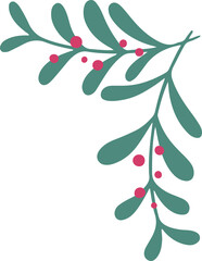 Flat design branch is reaching top right, with leaves and red berries, transparent background