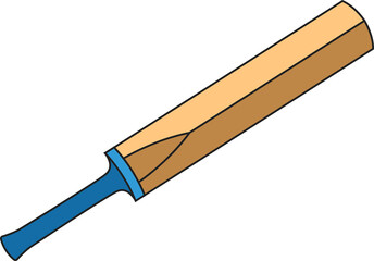 Wooden cricket bat is floating in flat design, showing blue grip on transparent background