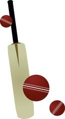 Stylized angled cricket bat with three red, white-stitched balls spinning on transparent backdrop