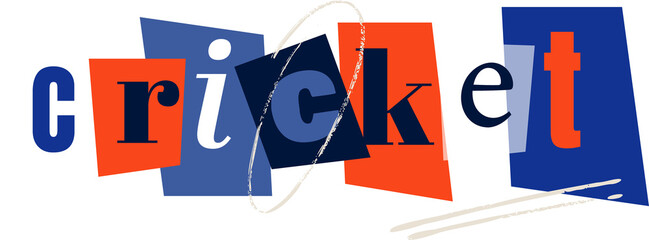Displaying vector cutout cricket letters on blue-red-white blocks with brush loops transparent bg