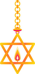 Star of David pendant is hanging from chain in flat design, with flame on transparent background