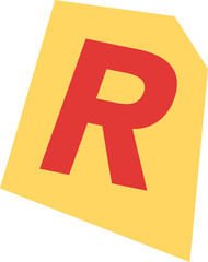 Stylized red letter R is floating on tilted yellow polygon in flat design, transparent background